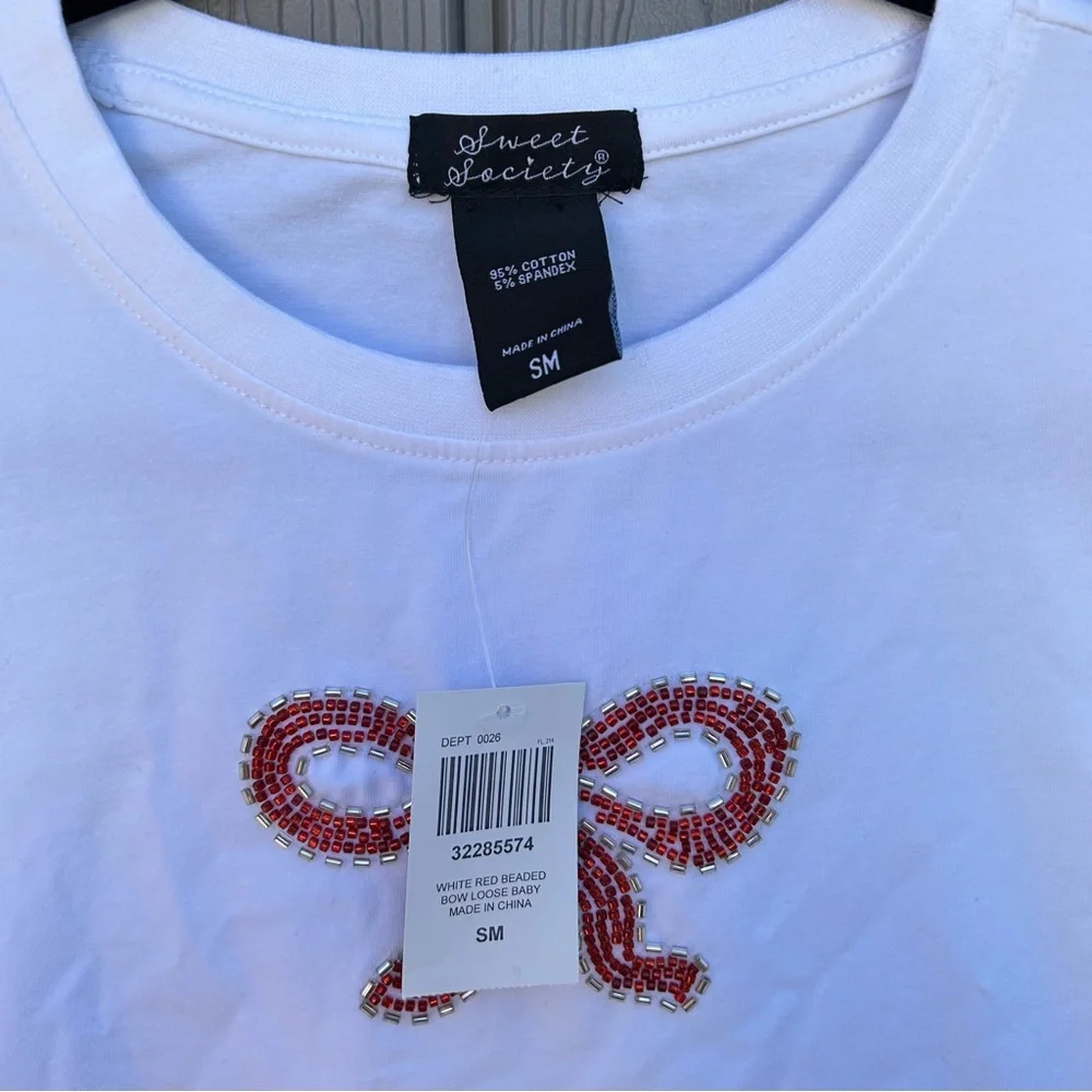 Hot Topic Secret Society Cropped Beaded Bow Tie T shirt Size Small Coquette - Picture 4 of 7